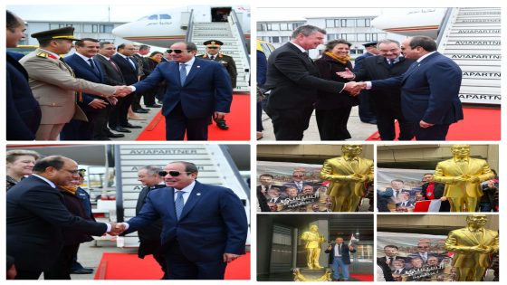 الجالية المصرية فى بروكسل تستقبل الرئيس السيسى بأعلام مصر وتمثال مجسم استقبال الرئيس السيسى فى مطار بروكسيل